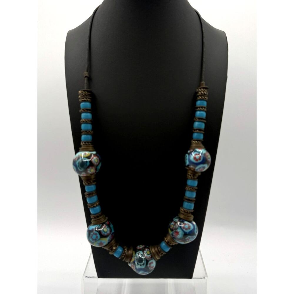 Vintage Venetian Millefiori Beaded Necklace W/Brass Accents & Leather Chord